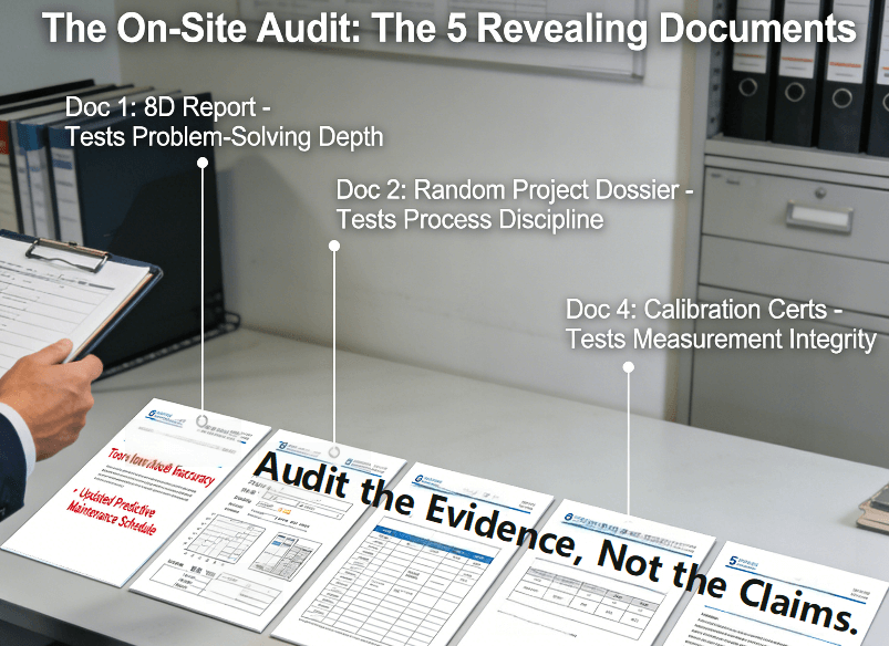 During an on-site audit at a supplier's office, an auditor's checklist points to five critical documents: a recent 8D report, a complete random project dossier, equipment maintenance logs, CMM calibration certificates, and management review minutes, demonstrating how to verify real operational capability.