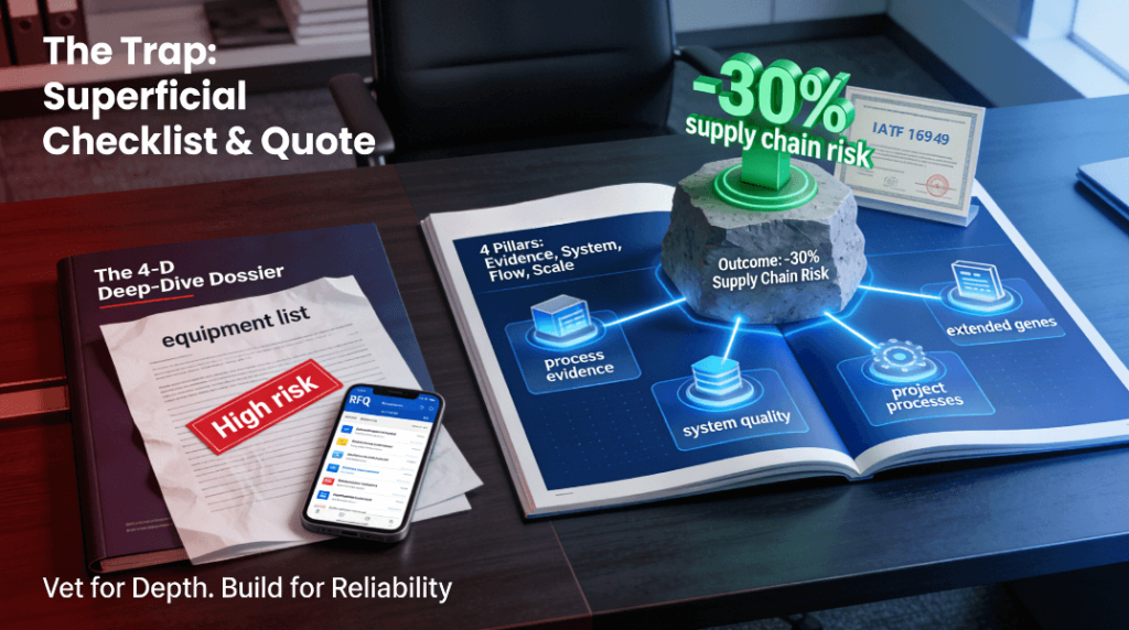 A conference table contrasts a superficial supplier checklist and black-box quote (left) with a detailed, open Four-Dimensional Deep-Dive Assessment Dossier visualizing process evidence, systemic quality, project management, and scalability (right), which together underpin a -30% supply chain risk reduction outcome.
