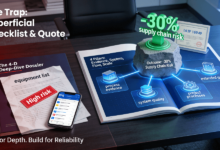 A conference table contrasts a superficial supplier checklist and black-box quote (left) with a detailed, open Four-Dimensional Deep-Dive Assessment Dossier visualizing process evidence, systemic quality, project management, and scalability (right), which together underpin a -30% supply chain risk reduction outcome.