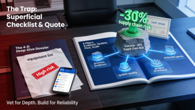 A conference table contrasts a superficial supplier checklist and black-box quote (left) with a detailed, open Four-Dimensional Deep-Dive Assessment Dossier visualizing process evidence, systemic quality, project management, and scalability (right), which together underpin a -30% supply chain risk reduction outcome.