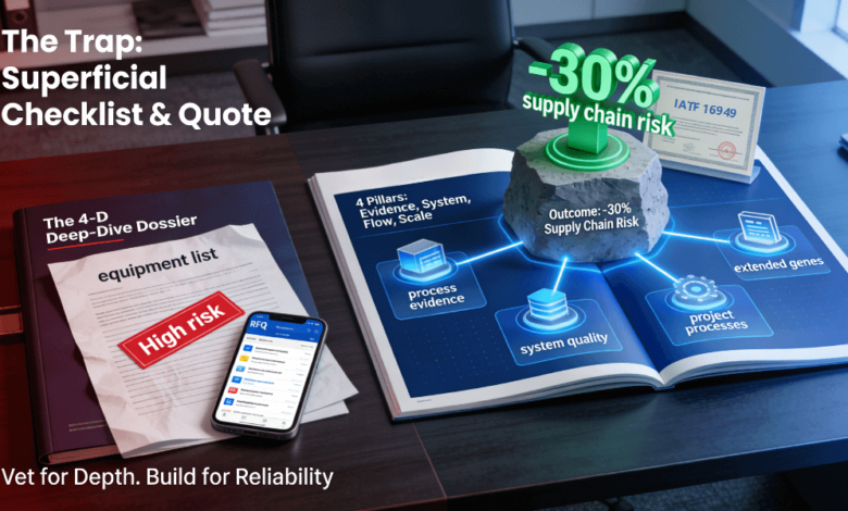 A conference table contrasts a superficial supplier checklist and black-box quote (left) with a detailed, open Four-Dimensional Deep-Dive Assessment Dossier visualizing process evidence, systemic quality, project management, and scalability (right), which together underpin a -30% supply chain risk reduction outcome.