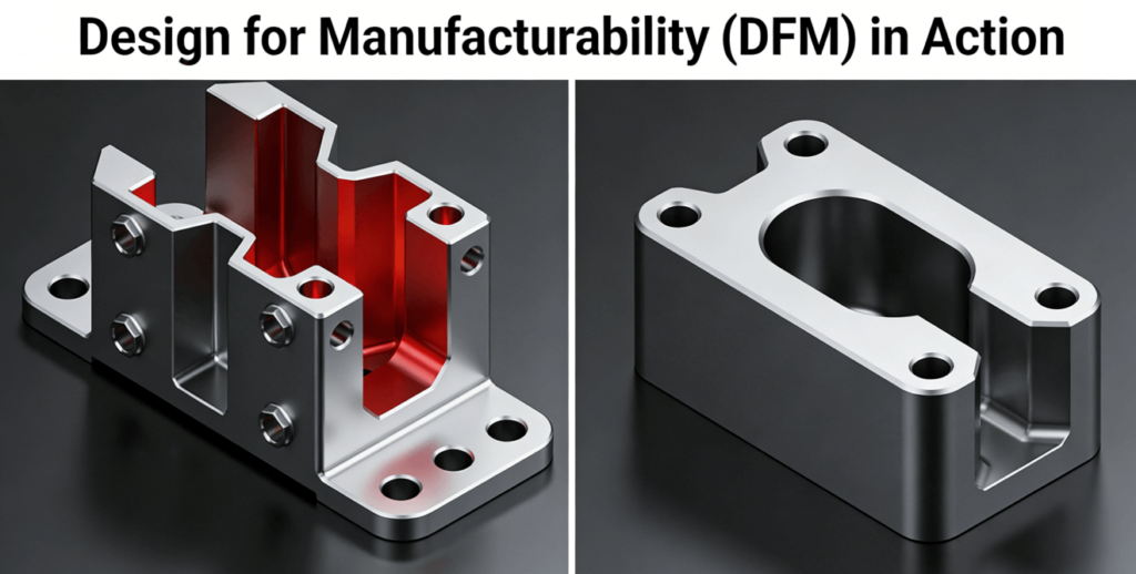 An infographic comparing a poorly designed aluminum bracket with sharp corners to an optimized design with rounded fillets and standardized features.