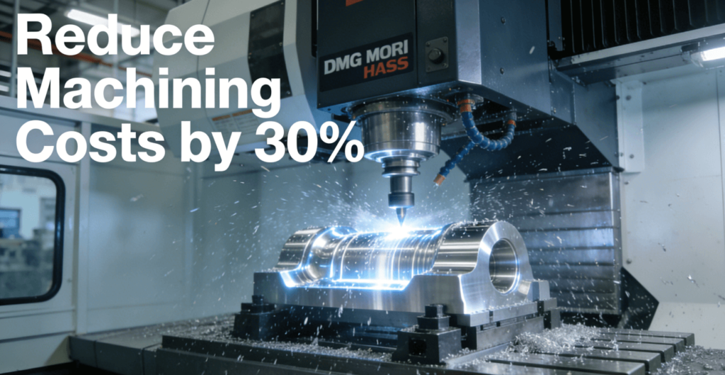 A 5-axis CNC machine precision machining a complex aluminum aerospace component in a modern factory, with text “Reduce Machining Costs by 30%“.