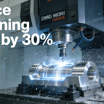 A 5-axis CNC machine precision machining a complex aluminum aerospace component in a modern factory, with text “Reduce Machining Costs by 30%“.
