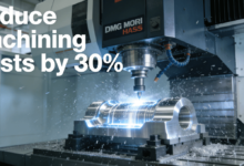 A 5-axis CNC machine precision machining a complex aluminum aerospace component in a modern factory, with text “Reduce Machining Costs by 30%“.