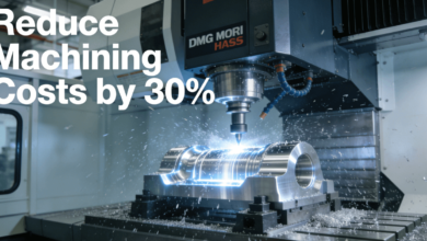 A 5-axis CNC machine precision machining a complex aluminum aerospace component in a modern factory, with text “Reduce Machining Costs by 30%“.