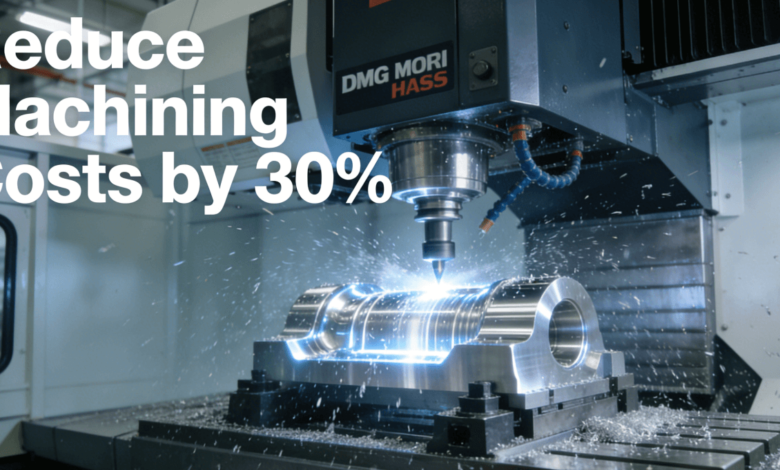 A 5-axis CNC machine precision machining a complex aluminum aerospace component in a modern factory, with text “Reduce Machining Costs by 30%“.