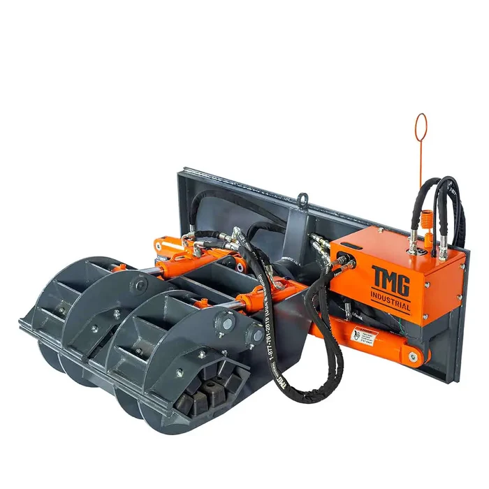 A pole setter turns a skid steer into a pair of patient hands for standing timber upright
